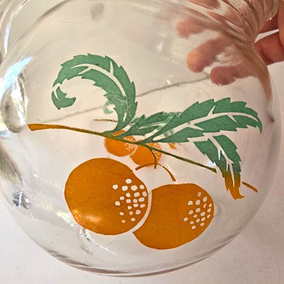 Vintage Anchor Hocking Juice Pitcher Tilt Ball Oranges Leaves '50's Mid Century - Picture 8 of 10